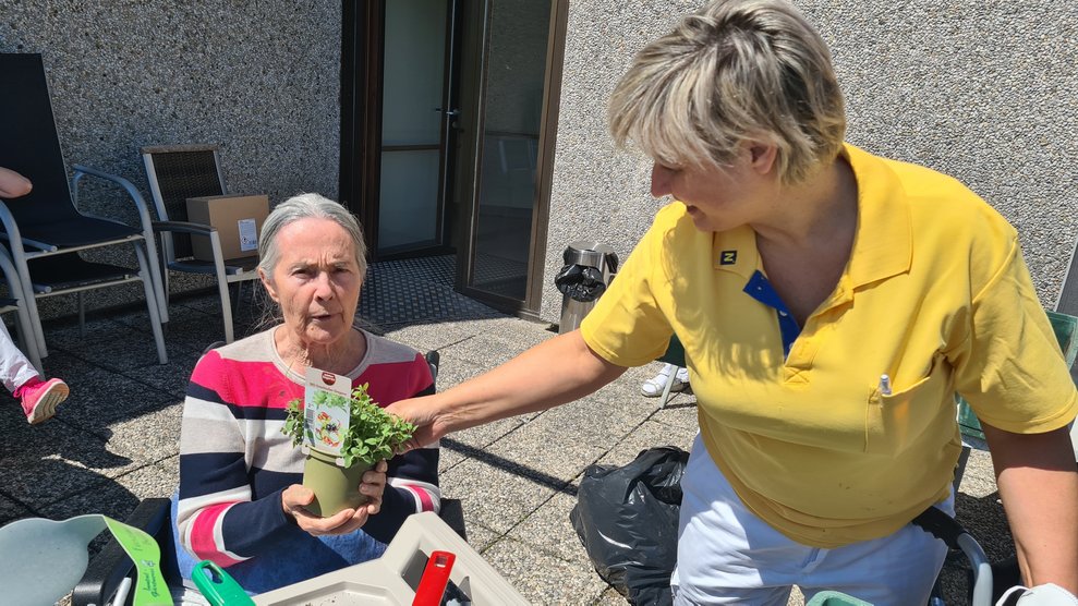 Das Pflegepersonal hilft auch mit und unterstützt die BewohnerInnen beim bepflanzen.