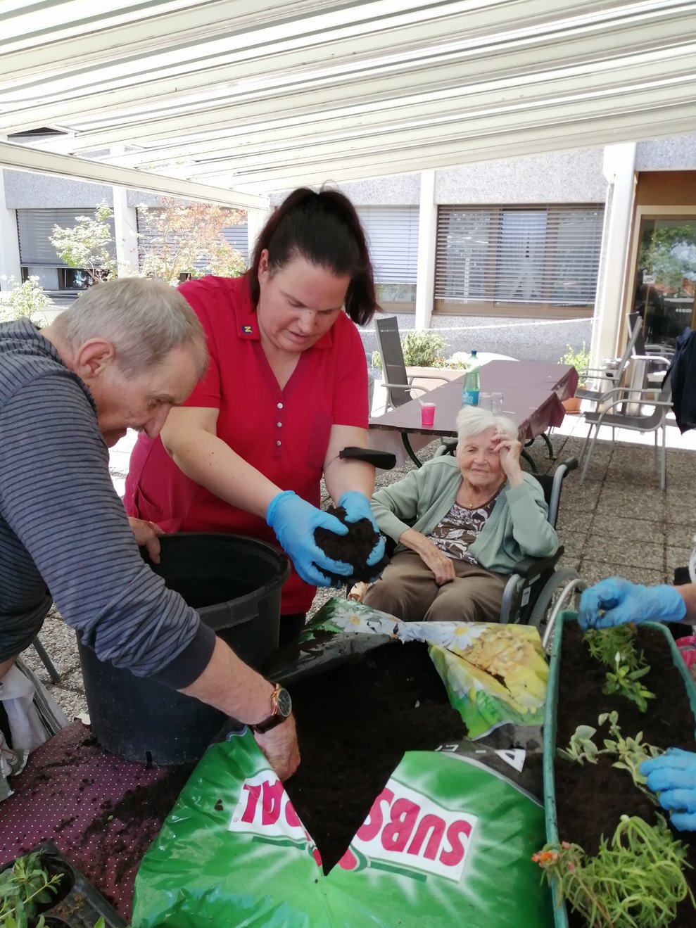 Alle packen mit an um die Blumenkisten mit Erde zu befüllen.